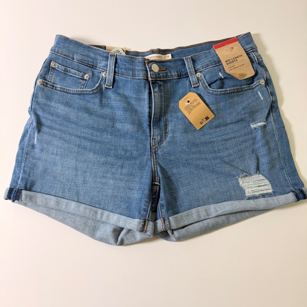 Levis Mid Length Shorts Womens 31 Blue Denim Distressed Cuffed Mid Rise New